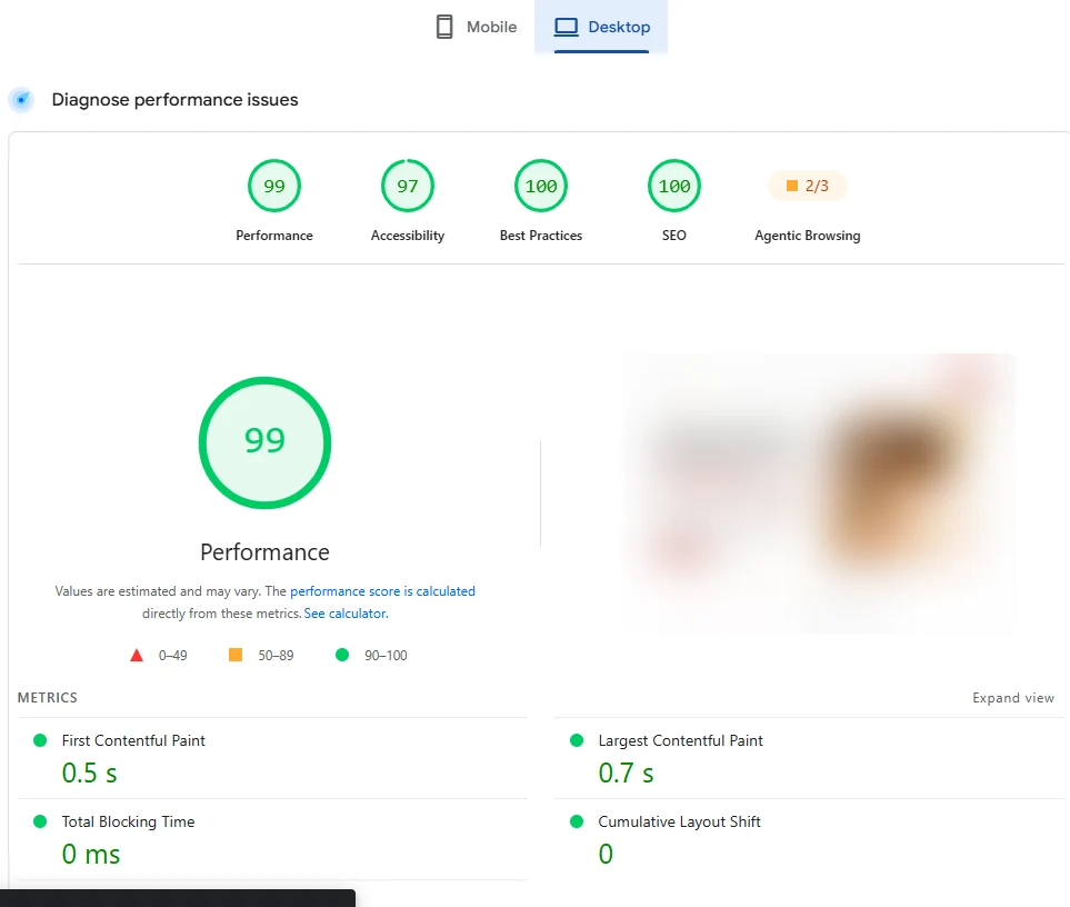 Lighthouse audit showing 99 out of 100 desktop performance