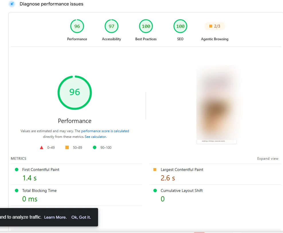 Lighthouse audit showing 96 out of 100 mobile performance