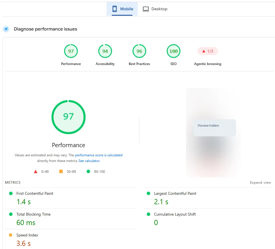 Lighthouse mobile website performance score